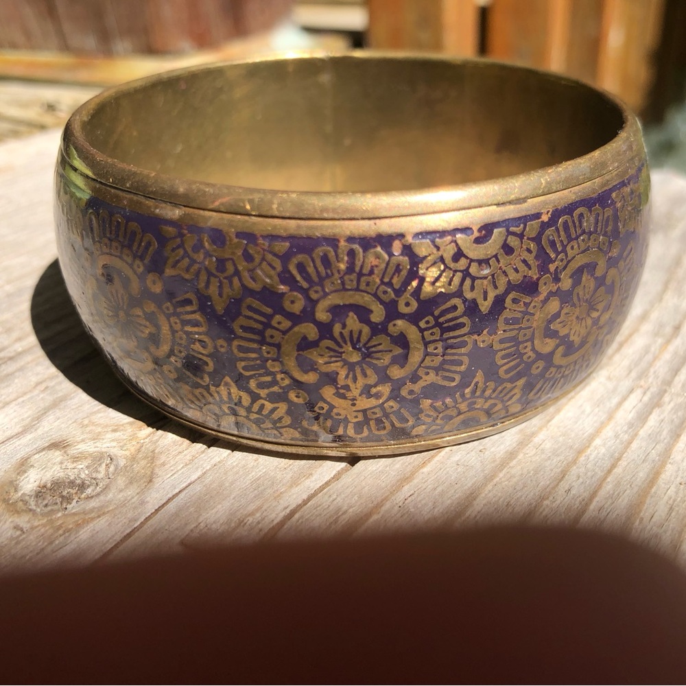 VTG Blue Enamel Brass Bangle Bracelet Floral Design 2.75” Diameter 1.25” Wide